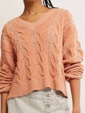 NWT Free People Washed Cable Knit Pullover V-Neck Sweater S Candied Melon Orange